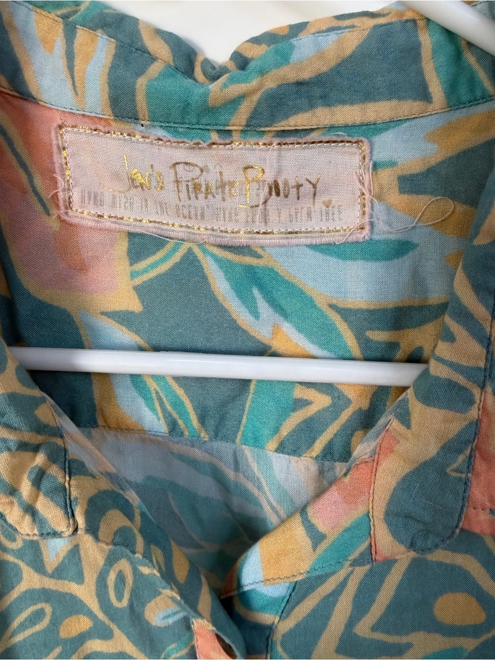 Jen’s Pirate Booty Tropical Button-Up Shirt - Teal & Peach Medium Hawaiian top - Picture 3 of 6